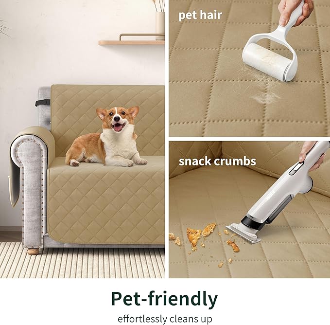 CHUN YI Couch Cover, Water Resistant Slipcover for 3 Cushion Sofa, Washable Sofa Cover with Adjustable Strap Storage Pocket for Living Room Dog Pet (Sofa, Khaki)