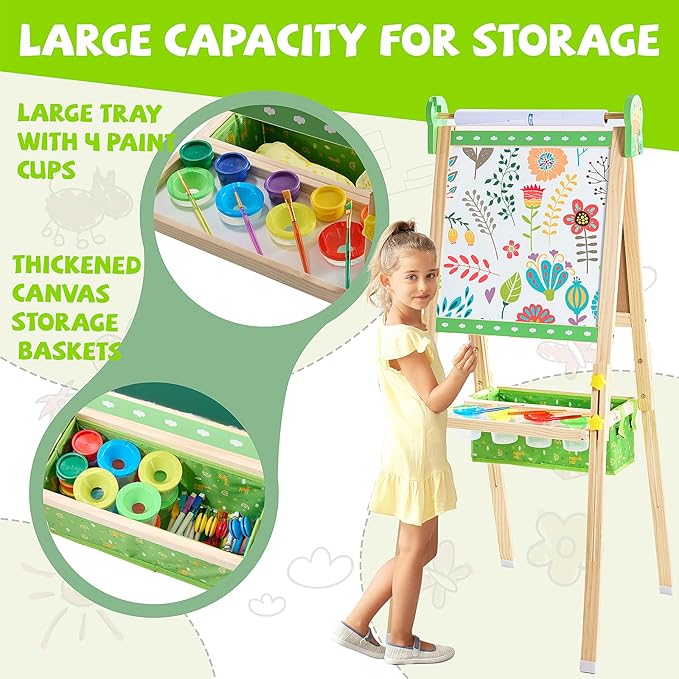 Easel for Kids, Art Easel Kids Easels for Toddlers, Adjustable Magnetic Chalkboard & Whiteboard Wooden Painting Easel with Paper Roll, Foldable Easel for Toddlers Boys Girls Ages 3-12 (Grass Green)