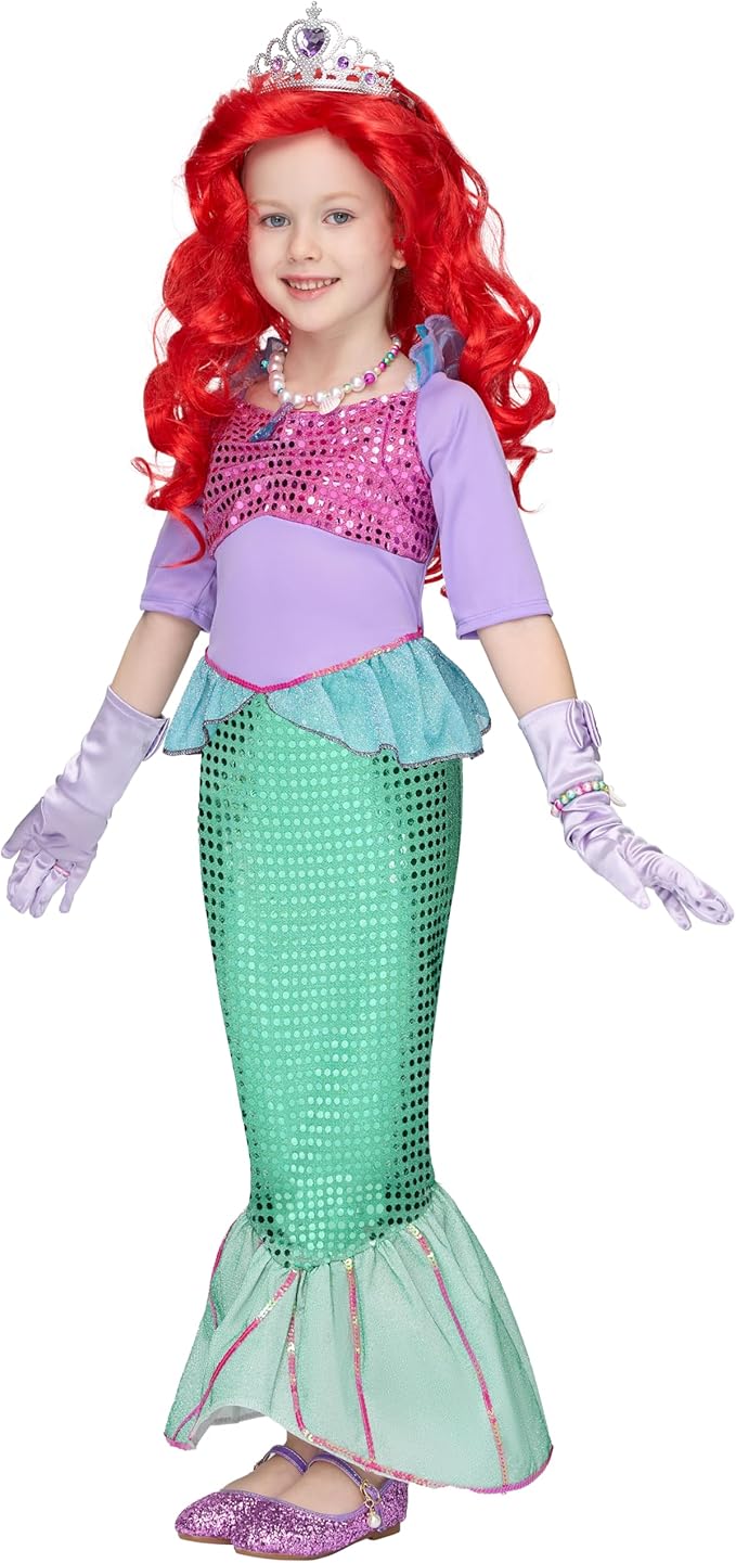 Spooktacular Creations Halloween Little Mermaid Costume for Girls, Sequin Mermaid Dress Set, Light Purple Princess Dress for Toddler Dress-Up, Cosplay Party (Large (10-12 YRS))