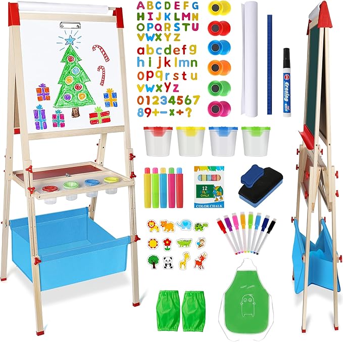 Easel for Kids Foldable Art Easels for Toddlers-Adjustable Standing Wooden Drawing Easel with Paper Roll-Magnetic Double Sided Whiteboard & Chalk board-130+pcs Accessories Easel for Kids 2-4 4-8 9-12