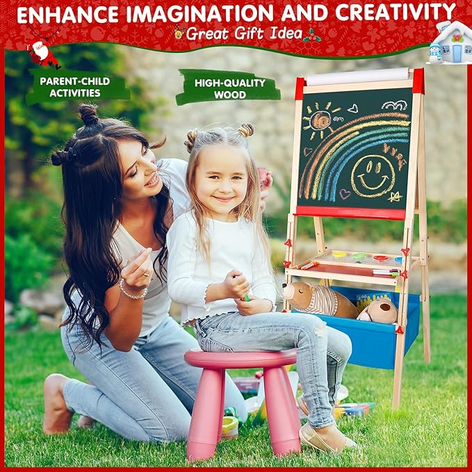 Easel for Kids Foldable Art Easels for Toddlers-Adjustable Standing Wooden Drawing Easel with Paper Roll-Magnetic Double Sided Whiteboard & Chalk board-130+pcs Accessories Easel for Kids 2-4 4-8 9-12