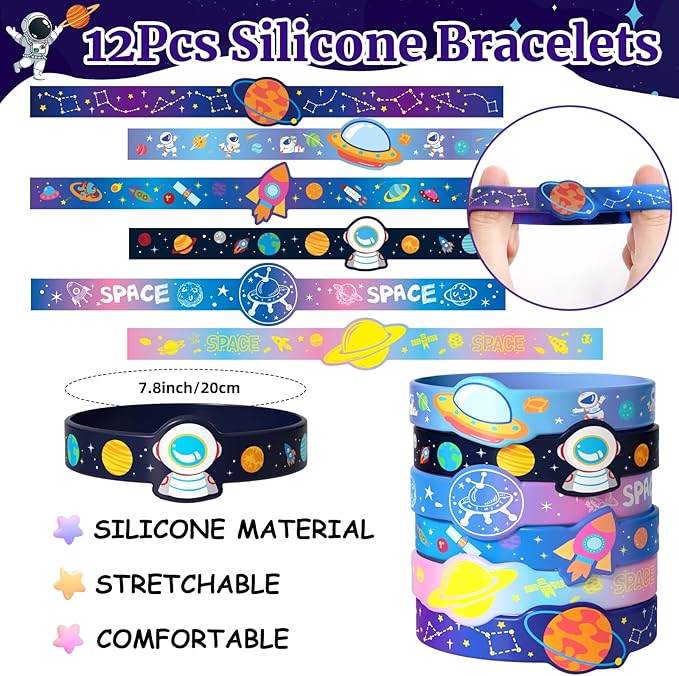 Outer Space Party Favors Birthday Supplies, Space Themed Non-Woven Gift Bag Astronaut Eraser Silicone Bracelet Keychain Luminous Tattoo Stickers Galaxy Space Goodie Bags for Kids Party Decoration