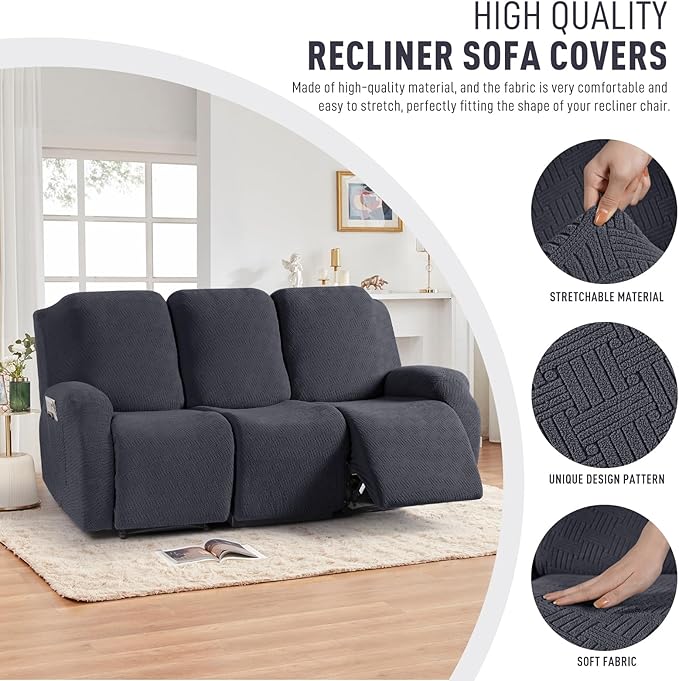 KinCam Recliner Covers, Stretch Reclining Chair Covers, Recliner Sofa Slipcovers Stripe Jacquard Recliner Couch Covers Furniture Protector Covers for Pet Kid (3 Seater, Charcoal Gray)