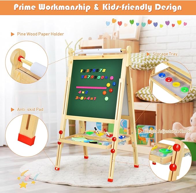 EAQ Easel for Kid,Height Adjustable Wooden Art Easel,Whiteboard Chalkboard with Paper Roll Holder,Letters and Numbers Magnets and Other Accessories Best Birthday Gift for Kids