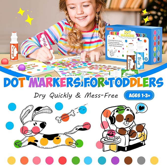 Soucolor 48-Pack 12 Colors Washable Bingo Paint Daubers Markers for Toddlers Kids Preschool, Dot Markers Set with 4- Pack Tearable Activity Books for Toddler Arts and Crafts Kits Supplies