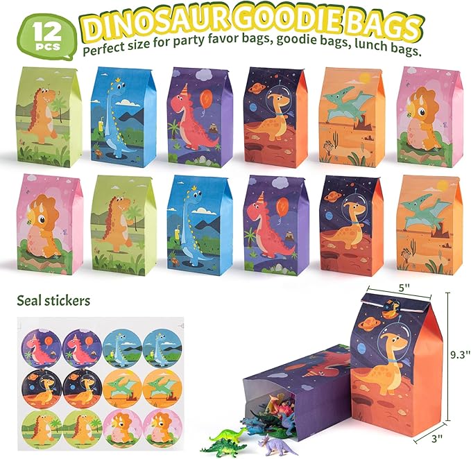Dinosaur Party Favors with Goodie Bags, Party Supplies for 12 Kids, Three Rex Birthday Party Decorations Dino Pinata Stuffers for Boys Girls