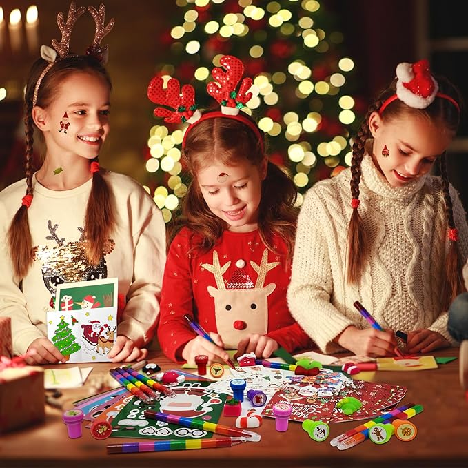 Cinrobiye 144 Pcss Merry Christmas Party Favors Max Holiday Coloring Books Tattoo DIY Sticker Stampers Class Reward Prizes for Christmas Holiday Winter Party supplies (Christmas2)