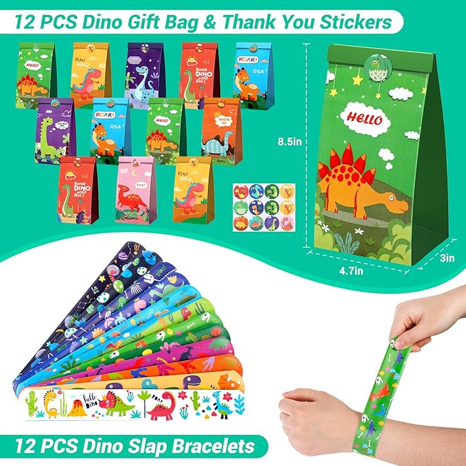 Dinosaur Party Favors, Dinosaur Birthday Decorations, Goodie Bags Stuffers for Kids, Dinosaur Party Supplies, Birthday Goodie Bags for Kids, Dino Goodie Bag Party Favors for Kids 3-5 4-8 8-12