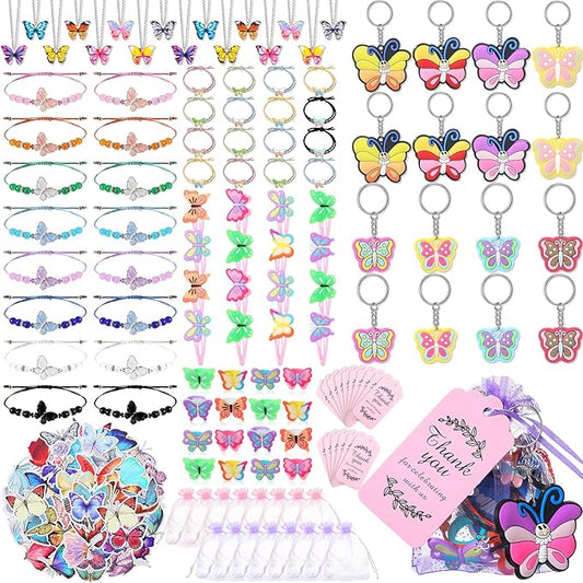 XunYee 178 Pcs Butterfly Party Favors for Girls Fairy Birthday Party Supplies, Butterfly Keychain Bulk Hairpins Stickers Flying Butterfly Bracelet Necklace Ring Organza Bags for Girls Gift Decor