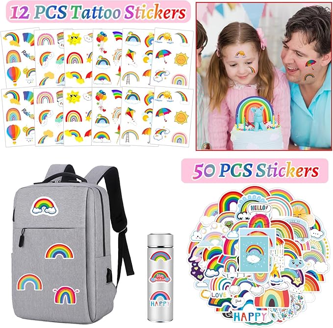 Rainbow Party Favors 110 PCS Slap Bracelets, Button Pins, Stickers, Temporary Tattoos, Key Chains and Gift Bags Girl Boy Kids Baby Shower Rainbow Unicorn Cloud Birthday Party Supplies Decorations