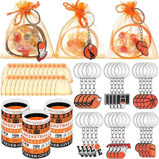 ShinyRelief 72 Pcs Basketball Party Favors Included 24 Motivational Silicone Wristbands 24 Basketball Keychains 24 Organza Bags for for Basketball Birthday Decorations Team Gift