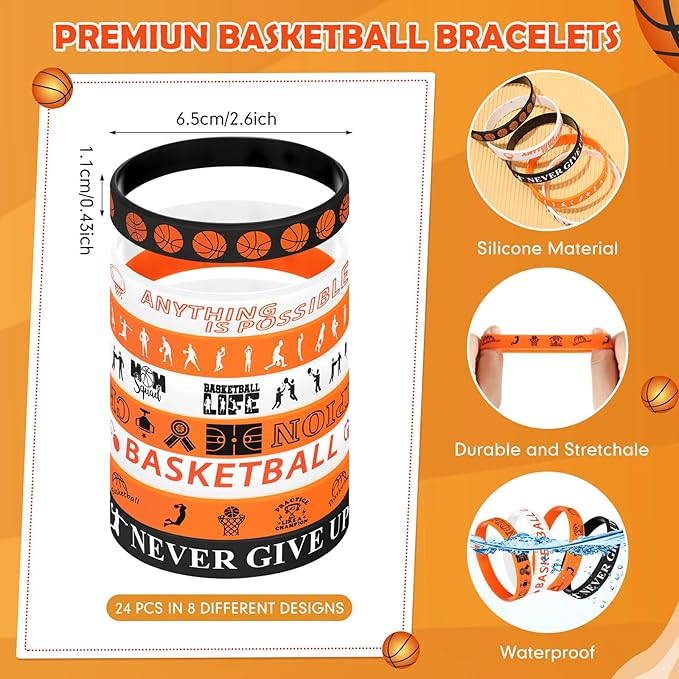 ShinyRelief 72 Pcs Basketball Party Favors Included 24 Motivational Silicone Wristbands 24 Basketball Keychains 24 Organza Bags for for Basketball Birthday Decorations Team Gift