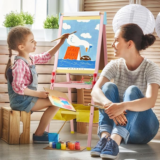 Easel for Kids Art Easel for Toddlers, Height Adjustable Kid Easel with Paper Roll, Toddler Art Easel with Double Sided Magnetic Board and Accessories, Perfect Painting Easel for Kids, Pink