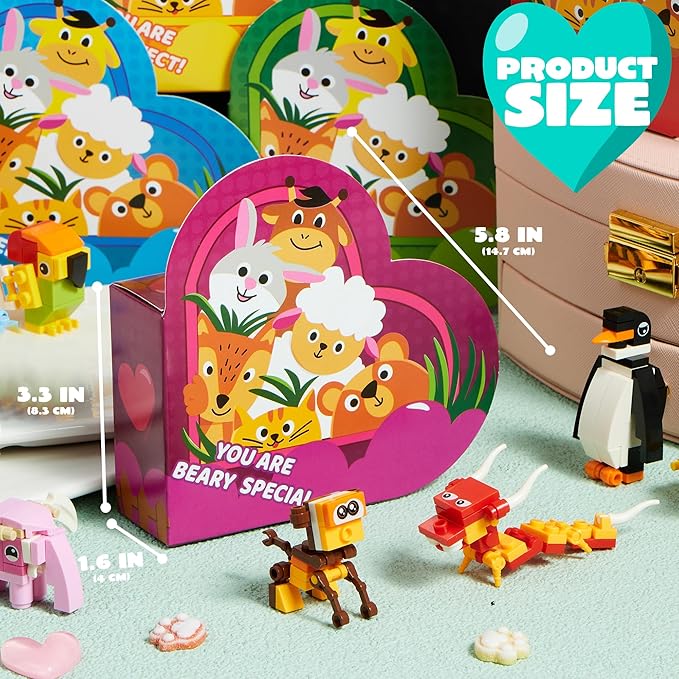 JOYIN 24 Packs Valentines Animal Building Blocks with Hearts Party Favors Boxes for Kids Valentine Classroom Prize Supplies, Classroom Gift Exchange School Rewards