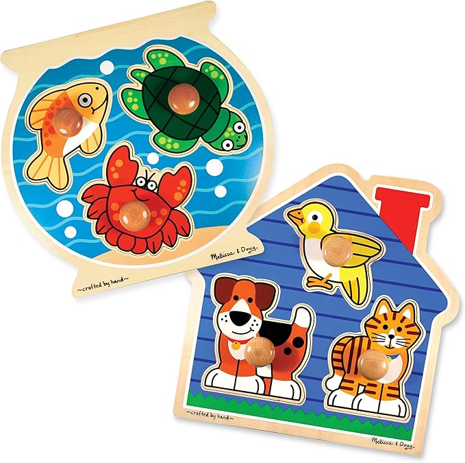 Melissa & Doug Animals Jumbo Knob Wooden Puzzles Set - Fish and Pets - Chunky Wooden Puzzles for Toddlers, Animal Puzzles For Kids Ages 1+