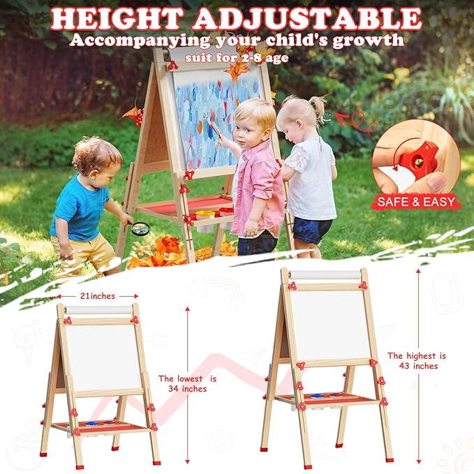 Easel for Kids Including 100+ Accessories, Kids Easel Double Sided Wooden, White Board & Magnetic Drawing Board & Paper Roll, Height Adjustable Standing Art Easel for Kids 3-4 4-8 9-12