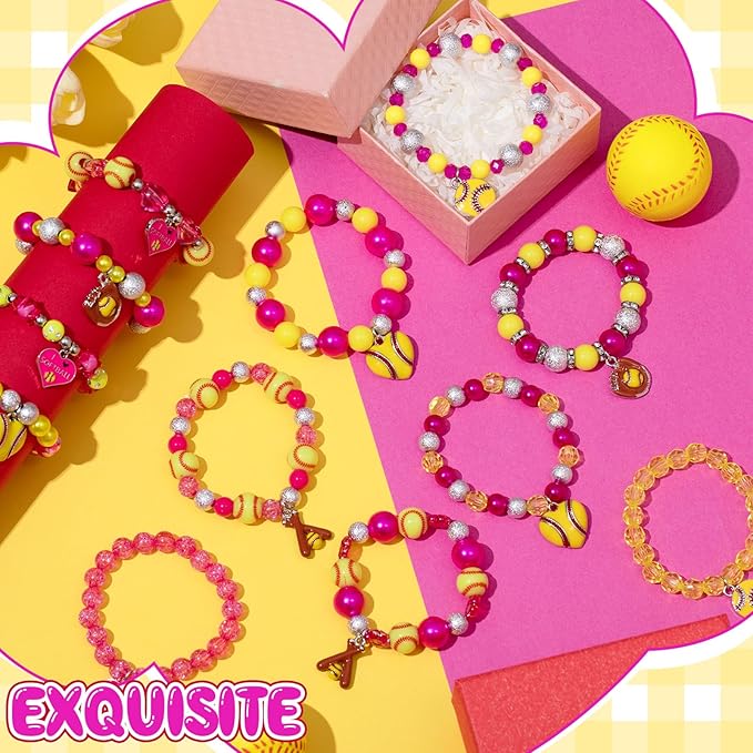 Sasylvia 12 Pcs Softball Bracelets Bulk Softball Goodie Bags Softball Party Favors Softball Jewelry Charm for Women Teens Sport Birthday Party Christmas Gifts Baseball Favor for Team