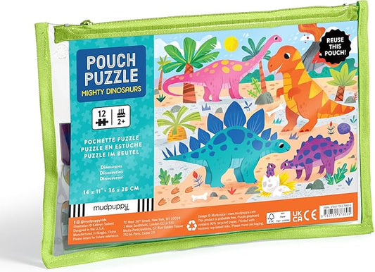 Mudpuppy Mighty Dinosaurs – 12 Piece Puzzle with Reusable Zipper Pouch Featuring Colorful and Fun Illustrations of Prehistoric Dinosaurs Perfect for Easy Storage and Travel