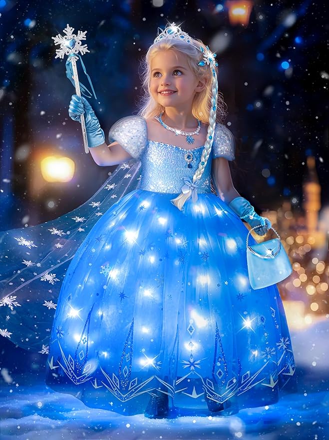 Princess Costume for Girls, Light Up Princess Dress with Accessories, Wand, Cape, Crown, Bag, Halloween Dress Up Clothes for Girls, Christmas Princess Costume for Girls, 140