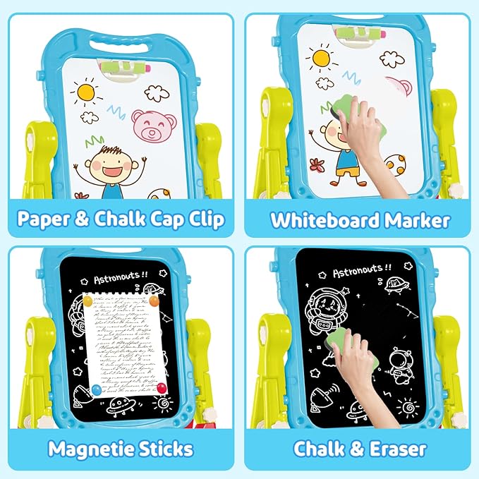 deAO Art Easel Toys for Kids, 4-in-1 Double Magnetic Drawing Board Adjustable Standing Rotatable Sidewalk Chalk with Painting Writing Accessories, Easel Toys Birthday Gifts for Girls Boy (Blue)