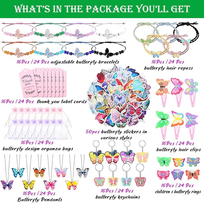 XunYee 178 Pcs Butterfly Party Favors for Girls Fairy Birthday Party Supplies, Butterfly Keychain Bulk Hairpins Stickers Flying Butterfly Bracelet Necklace Ring Organza Bags for Girls Gift Decor