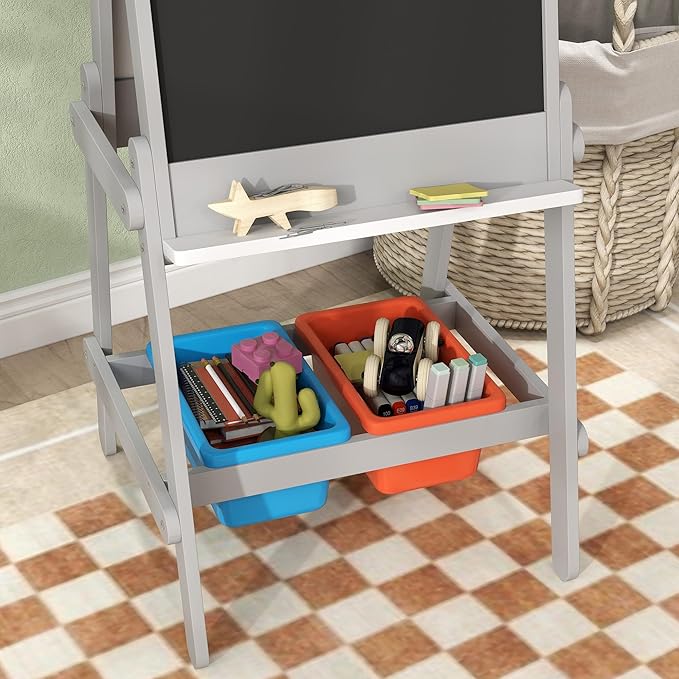 Qaba Art Easel, Easel for Kids with Paper Roll, Double Sided Whiteboard & Chalkboard for Toddlers Aged 3-8 Years Old, with Painting Paper Stand, 2 Storage Boxes, Gray