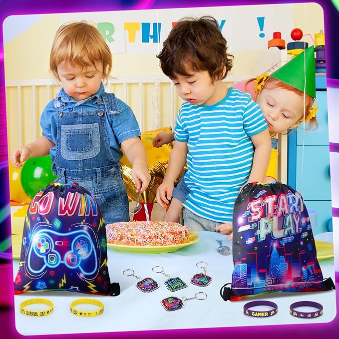 Talltalk 48 Pcs Neon Video Game Party Favors with 16 Neon Video Game Drawstring Backpack Gamer Goodie Bags Snack Candy Bags 16 Game Wristband Rubber Bracelet 16 Keychains for Neon Game Birthday Party