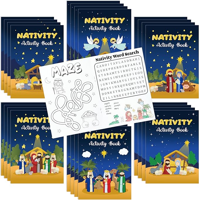 Nativity Activity Books for Kids - 24Pcs Christmas Mini Games Coloring Book Set Bulk Mazes Word Search Word Scramble Games for Xmas Holiday Party Goodie Bags Stuffers Sunday School Classroom Favors