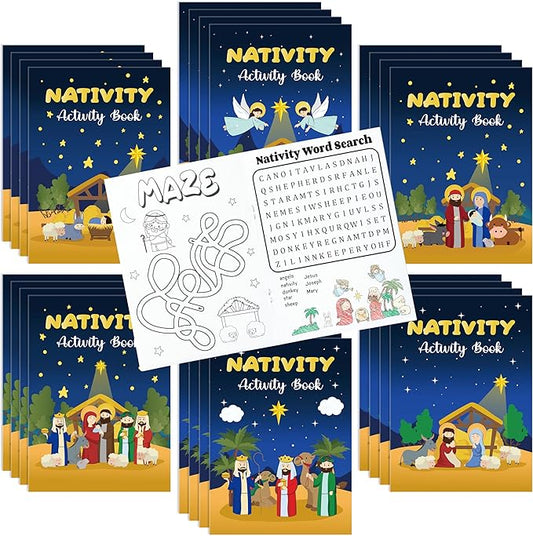 Nativity Activity Books for Kids - 24Pcs Christmas Mini Games Coloring Book Set Bulk Mazes Word Search Word Scramble Games for Xmas Holiday Party Goodie Bags Stuffers Sunday School Classroom Favors
