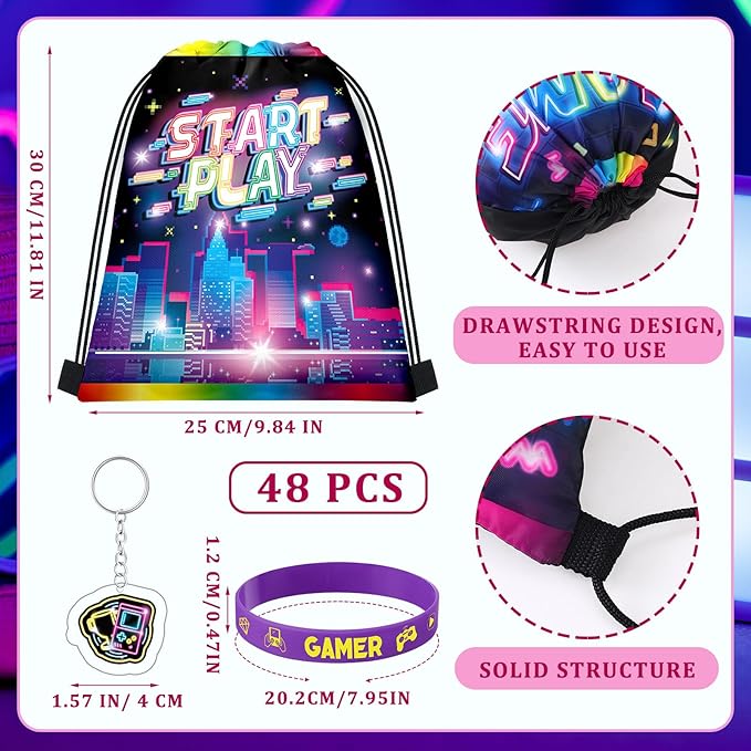 Talltalk 48 Pcs Neon Video Game Party Favors with 16 Neon Video Game Drawstring Backpack Gamer Goodie Bags Snack Candy Bags 16 Game Wristband Rubber Bracelet 16 Keychains for Neon Game Birthday Party