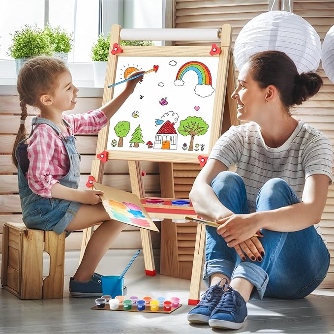 Easel for Kids Including 100+ Accessories, Kids Easel Double Sided Wooden, White Board & Magnetic Drawing Board & Paper Roll, Height Adjustable Standing Art Easel for Kids 3-4 4-8 9-12