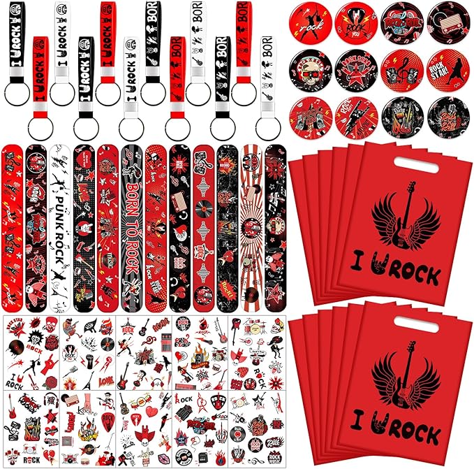 Rock and Roll Party Favors, Rock Star Supplies Decorations Includes 12 Keychain, 12 badge, 12 Bracelet,12Bags, 12 sheet tattoos for 80s 90s Rock Party Favors Goodie Bags Stuffers