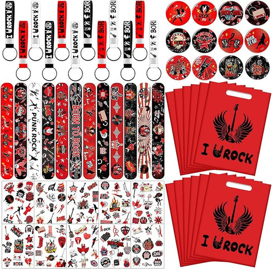 Rock and Roll Party Favors, Rock Star Supplies Decorations Includes 12 Keychain, 12 badge, 12 Bracelet,12Bags, 12 sheet tattoos for 80s 90s Rock Party Favors Goodie Bags Stuffers