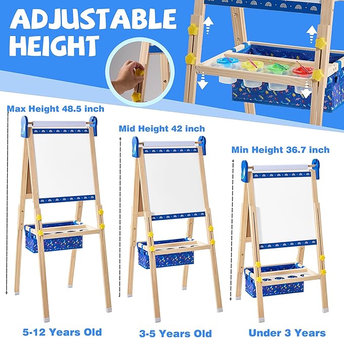 Easel for Kids, Art Easel Kids Easels for Toddlers, Adjustable Magnetic Chalkboard & Whiteboard Wooden Painting Easel with Paper Roll, Foldable Easel for Toddlers Boys Girls Ages 3-12 (Blue)