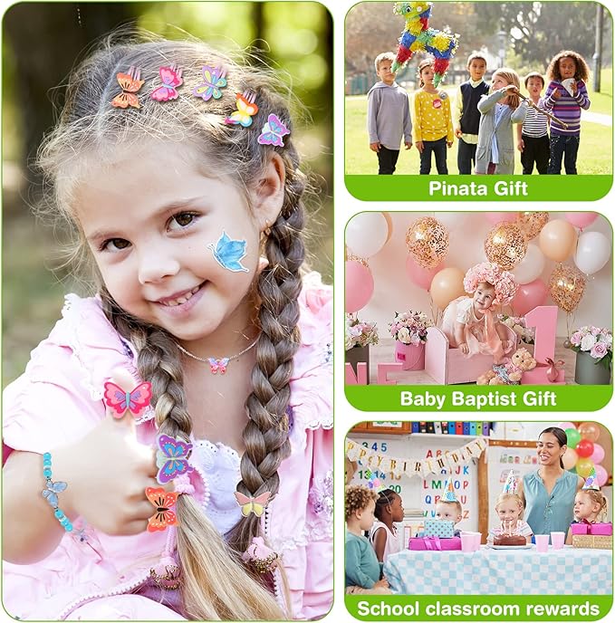 XunYee 178 Pcs Butterfly Party Favors for Girls Fairy Birthday Party Supplies, Butterfly Keychain Bulk Hairpins Stickers Flying Butterfly Bracelet Necklace Ring Organza Bags for Girls Gift Decor