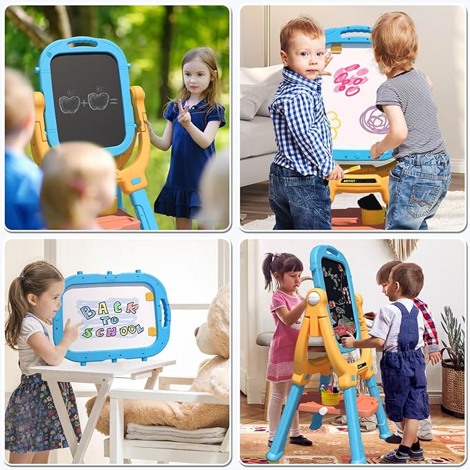 Easel for Kids, Rotatable Double Sided Magnetic Drawing Board Adjustable Height Easel Stand Toddlers Art Easel with 79pcs Art Supplies, Blue