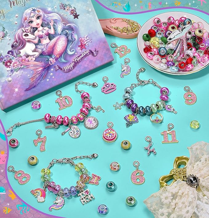 Girls Charm Bracelet Making Kit: Mermaid Jewelry Supplies Make Set Charm Bracelets Kits DIY Art Craft Set Girl Toys Age 5 6 7 8 9 10 11 12 Year Old Girl Little Children Creative Birthday Gifts for Kid