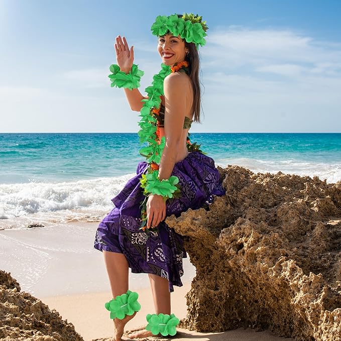 HOBBY HORSE 12 Pieces Hawaiian Luau Flower Leis Halloween Decor Leis Green Necklaces Bracelets Headband Anklets Set Tropical Party Favor for Halloween Cosplay Beach Wedding Birthday Party Supplies