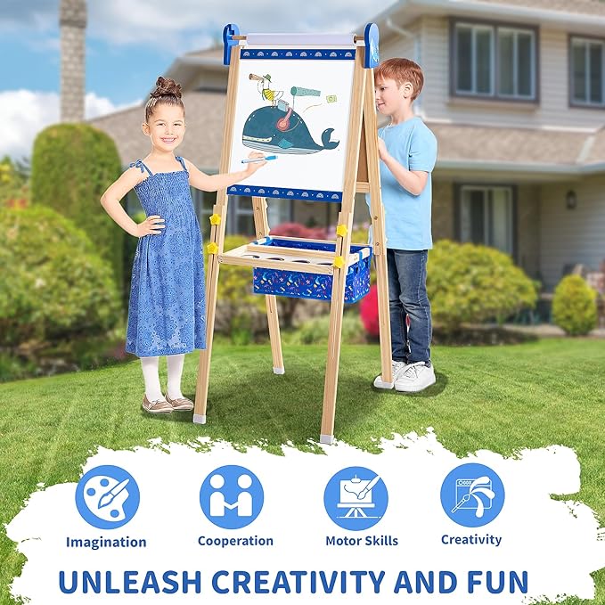 Easel for Kids, Art Easel Kids Easels for Toddlers, Adjustable Magnetic Chalkboard & Whiteboard Wooden Painting Easel with Paper Roll, Foldable Easel for Toddlers Boys Girls Ages 3-12 (Blue)