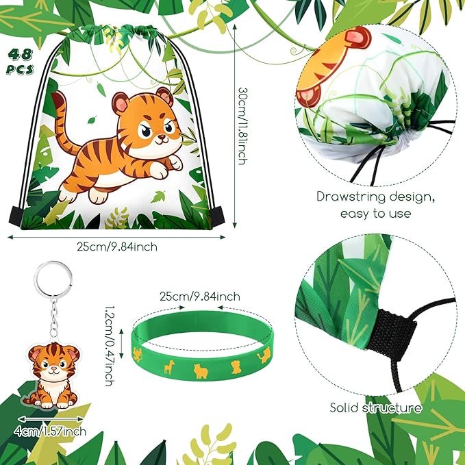 Talltalk 48 Pcs Jungle Safari Party Favors with 16 Wild Animals Drawstring Bags Goodie Bags Candy Treat Bag 16 Animals Wristband Bracelet 16 Animals Keychain for Zoo Birthday Baby Shower Party