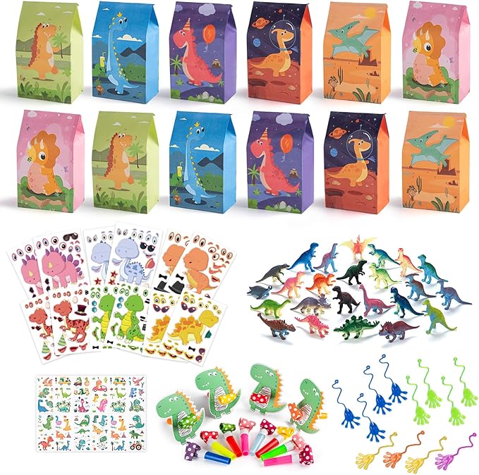 Dinosaur Party Favors with Goodie Bags, Party Supplies for 12 Kids, Three Rex Birthday Party Decorations Dino Pinata Stuffers for Boys Girls