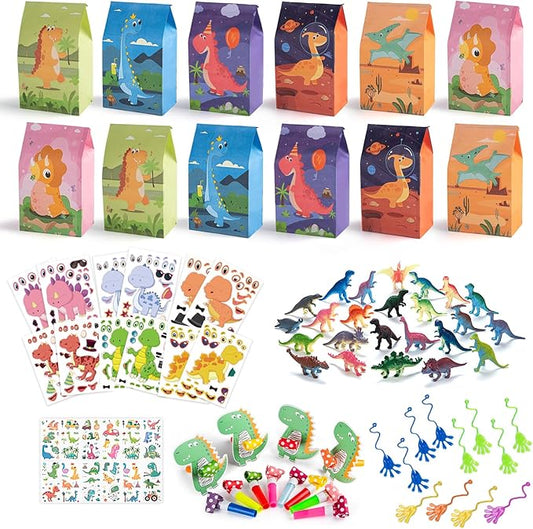 Dinosaur Party Favors with Goodie Bags, Party Supplies for 12 Kids, Three Rex Birthday Party Decorations Dino Pinata Stuffers for Boys Girls