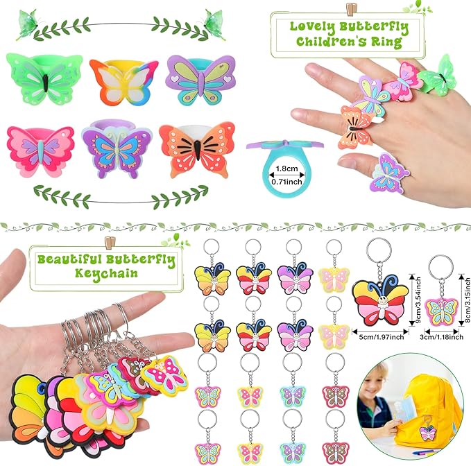 XunYee 178 Pcs Butterfly Party Favors for Girls Fairy Birthday Party Supplies, Butterfly Keychain Bulk Hairpins Stickers Flying Butterfly Bracelet Necklace Ring Organza Bags for Girls Gift Decor