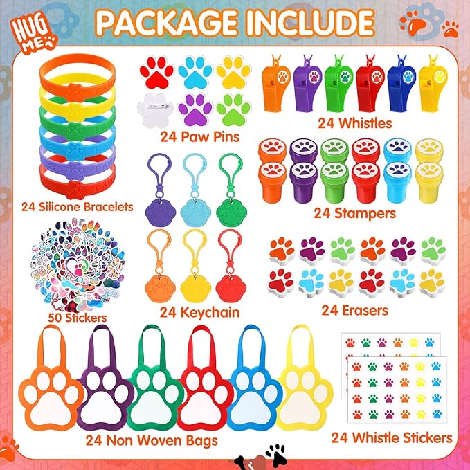 Skylety 266 Pcs Dog Paw Party Favors Supplies Gift Set Non Woven Gift Bags Whistle Stamper Keychain Silicone Bracelet Erasers Sticker Acrylic Brooch Puppy Themed Girl Boy Birthday Goodie Bag Filler