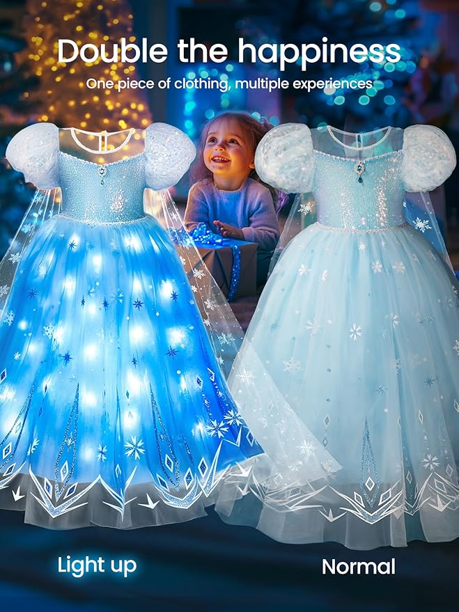 Princess Costume for Girls, Light Up Princess Dress with Accessories, Wand, Cape, Crown, Bag, Halloween Dress Up Clothes for Girls, Christmas Princess Costume for Girls, 140
