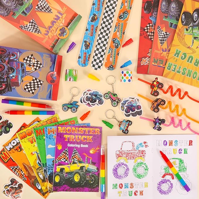 Monster Truck Party Favors Serve 12, Machine Jam Birthday Supplies include Slap Bracelet Coloring Books with Stacking Crayons Drinking Straws Keychain Stickers Gift Bags for Kids 122Pcs