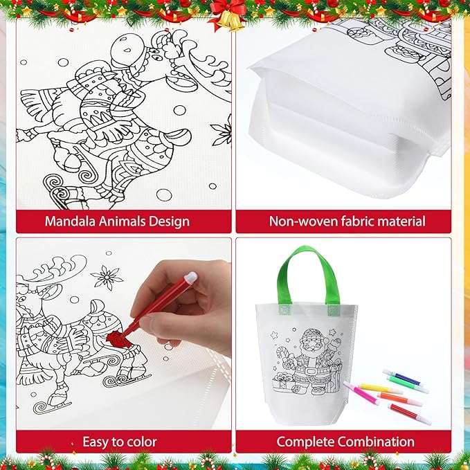 Pasimy 24 Pieces Mandala Christmas Coloring Goodies Bags with 144 Makers Recycle Bag Coloring Gifts Bags Color Your Own Totes for Kids DIY Painting Art Crafts Xmas Holiday Birthday Party Favors