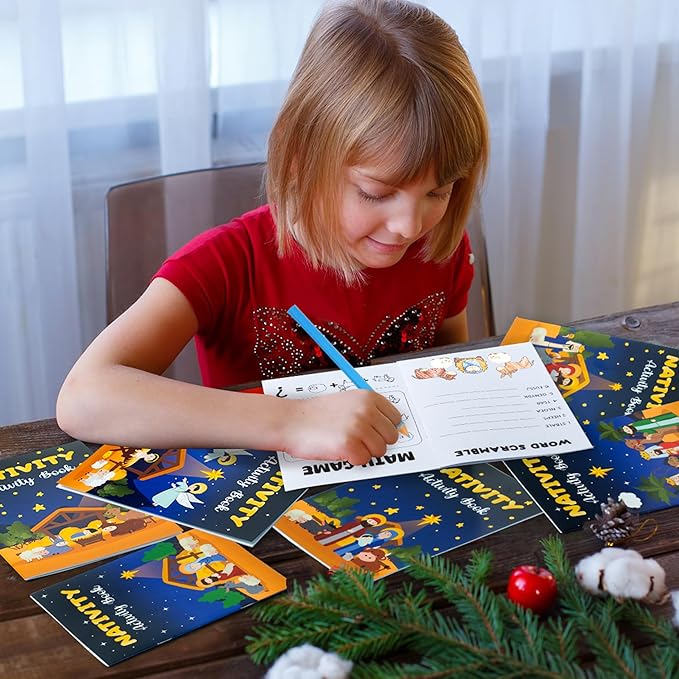 Nativity Activity Books for Kids - 24Pcs Christmas Mini Games Coloring Book Set Bulk Mazes Word Search Word Scramble Games for Xmas Holiday Party Goodie Bags Stuffers Sunday School Classroom Favors