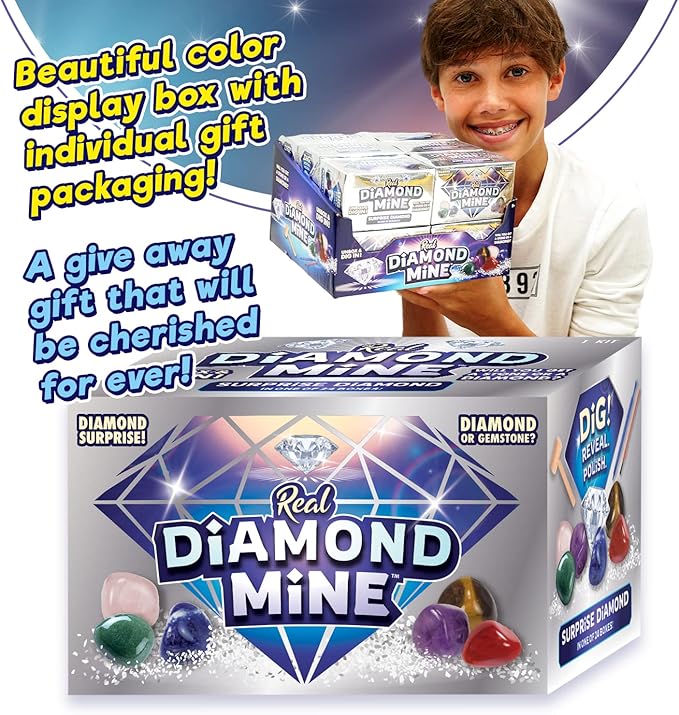 JA-RU Real Diamond Mine Gemstone Dig Kit (12 Packs) Mystery Rock, Minerals, and Gems for Kids | Break Your Own Geodes and a Chance to Get 1 Real Diamond | Party Favors for Kids Goodie Bags. 4630-12