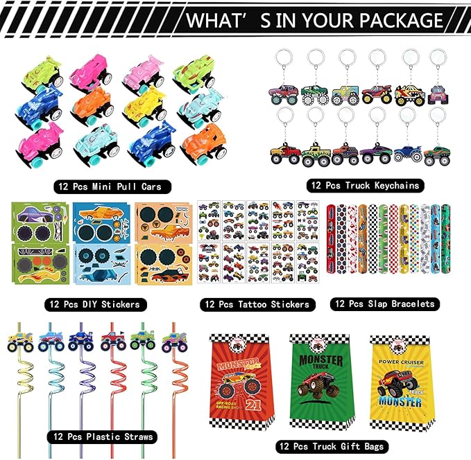 Monster Truck Party Favors Set, monster truck birthday decorations including 7 Types 84 Pcs Drinking Straws Gift Bags Mini Pull Cars Keychains DIY Stickers Temporary Tattoos Slap Bracelet